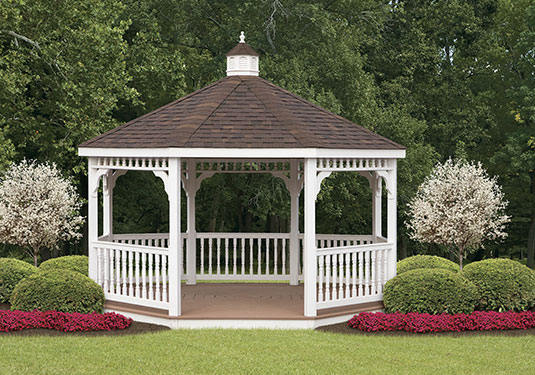 small outdoor vinyl gazebo in garden