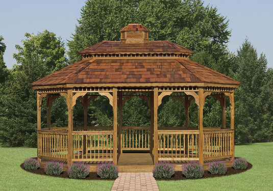 large oval outdoor wooden gazebo