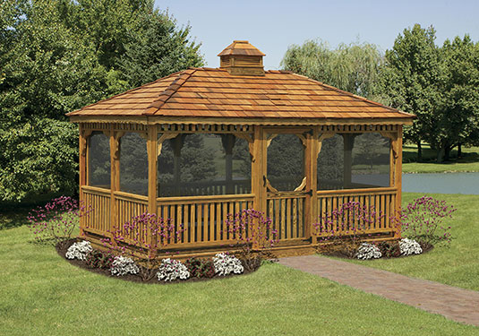 enclosed rectangular wooden gazebo outside